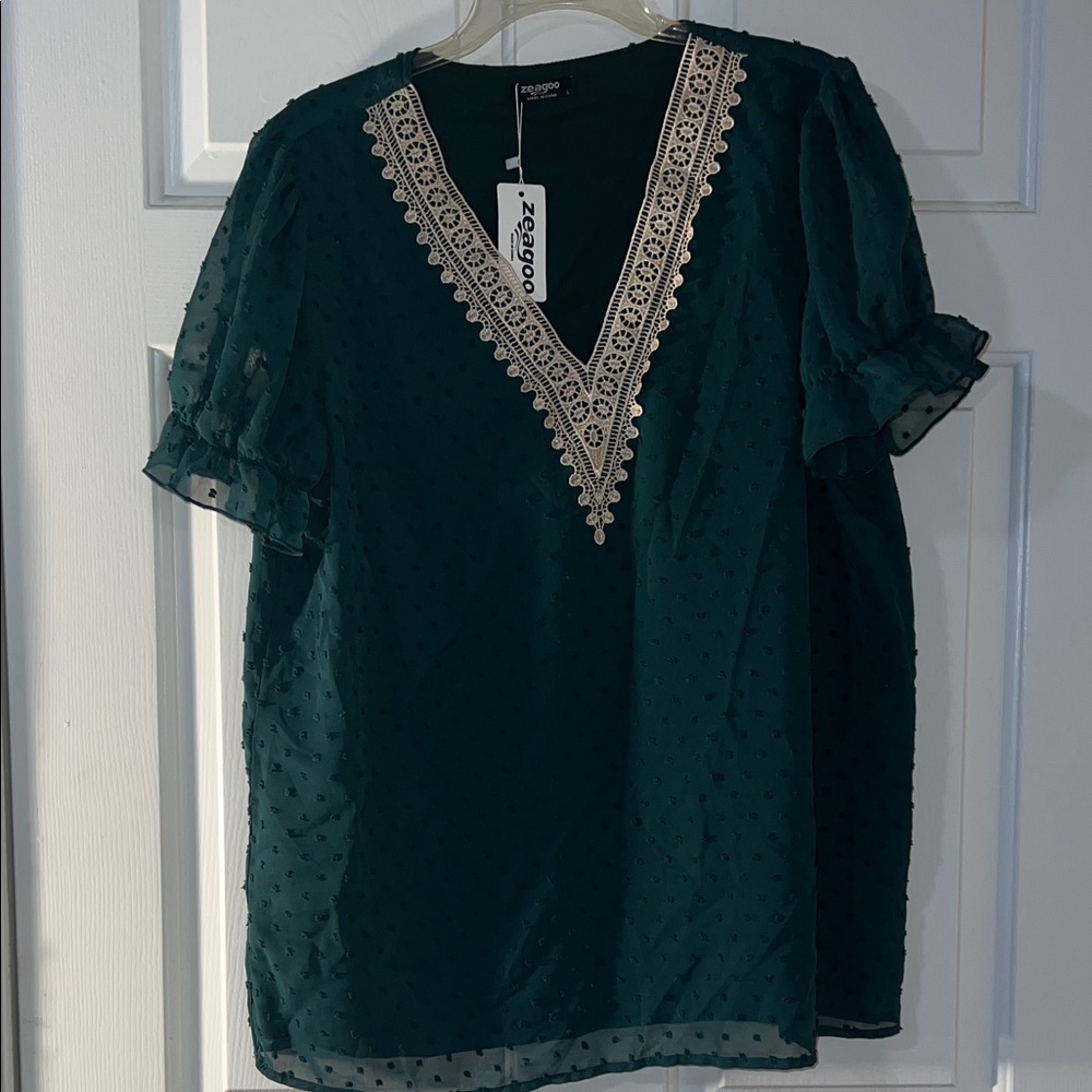 zeagoo Teal Swiss Dot V-Neck Blouse with Cream Lace Trim